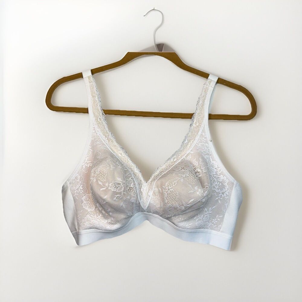 Cacique Bra Lace No Wire White Beige Unlined Comfortable Everyday Size 42C